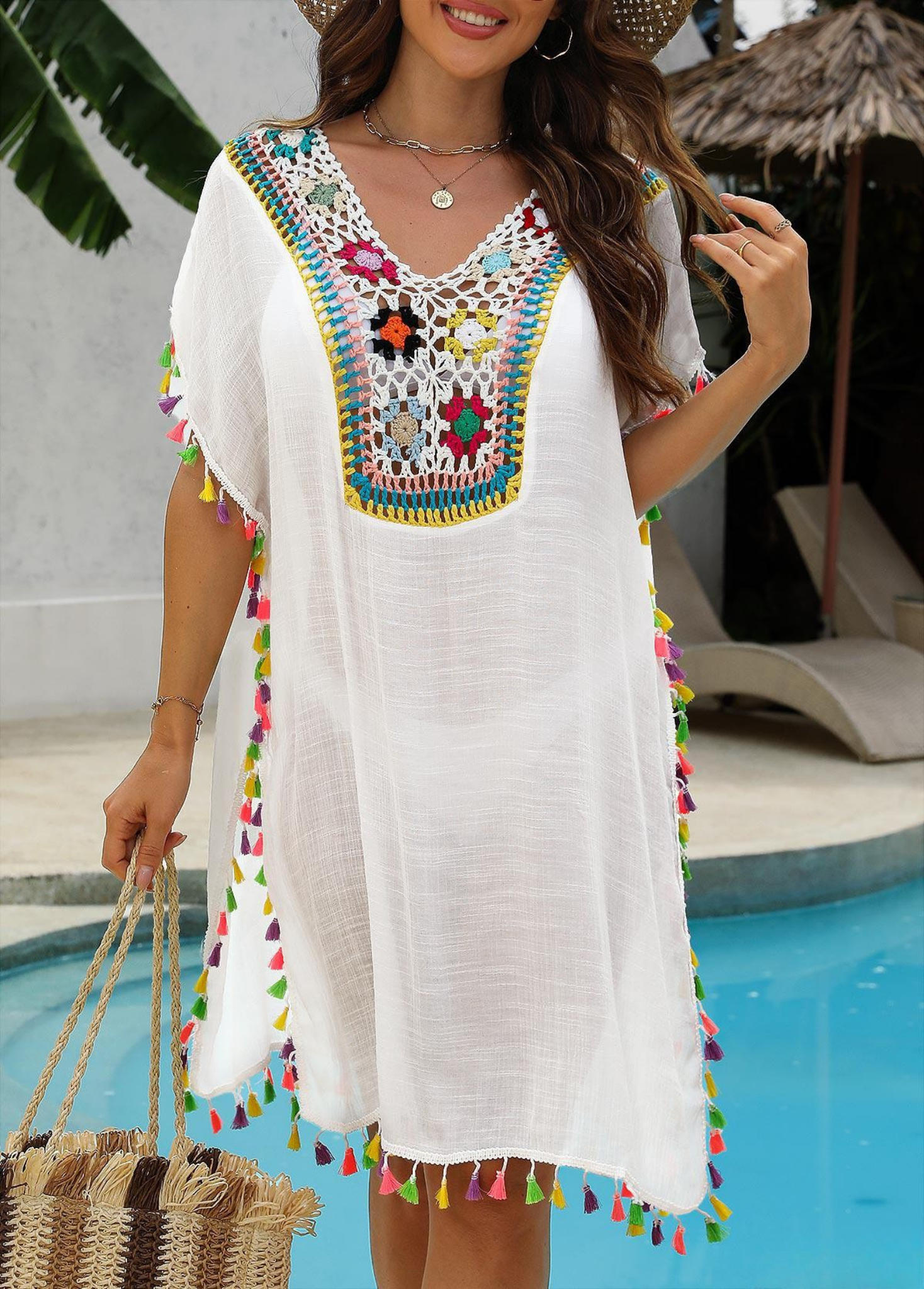 White Color Patchwork V Neck Cover Up - {{ Product_type }} BeachWear I Availabre at Belle Aqua Belle Aqua Beach Wear