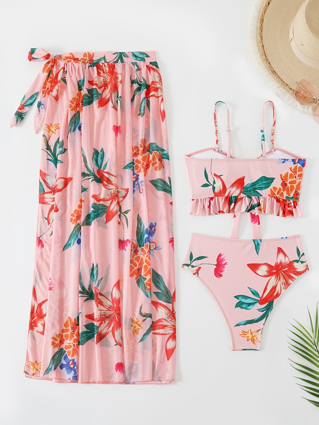 Pink Floral Bikini Set with Cover-Up - 3 Pieces - {{ Product_type }} BeachWear I Availabre at Belle Aqua Belle Aqua Beach Wear