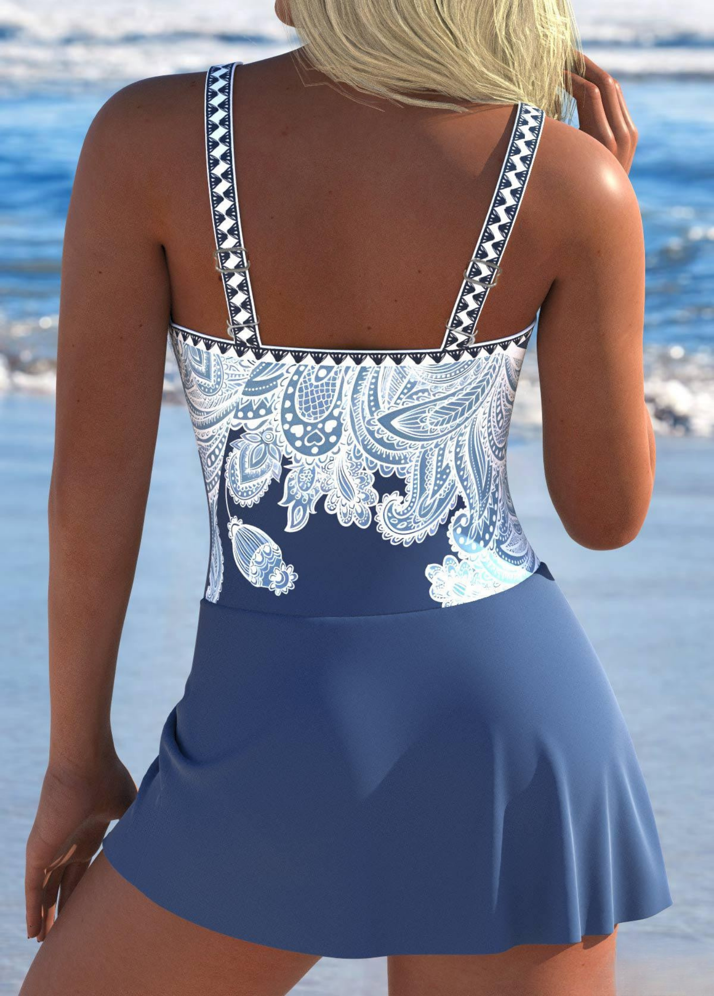 Bowknot Dusty Blue Paisley Print One Piece Swimdress - {{ Product_type }} BeachWear I Availabre at Belle Aqua Belle Aqua Beach Wear