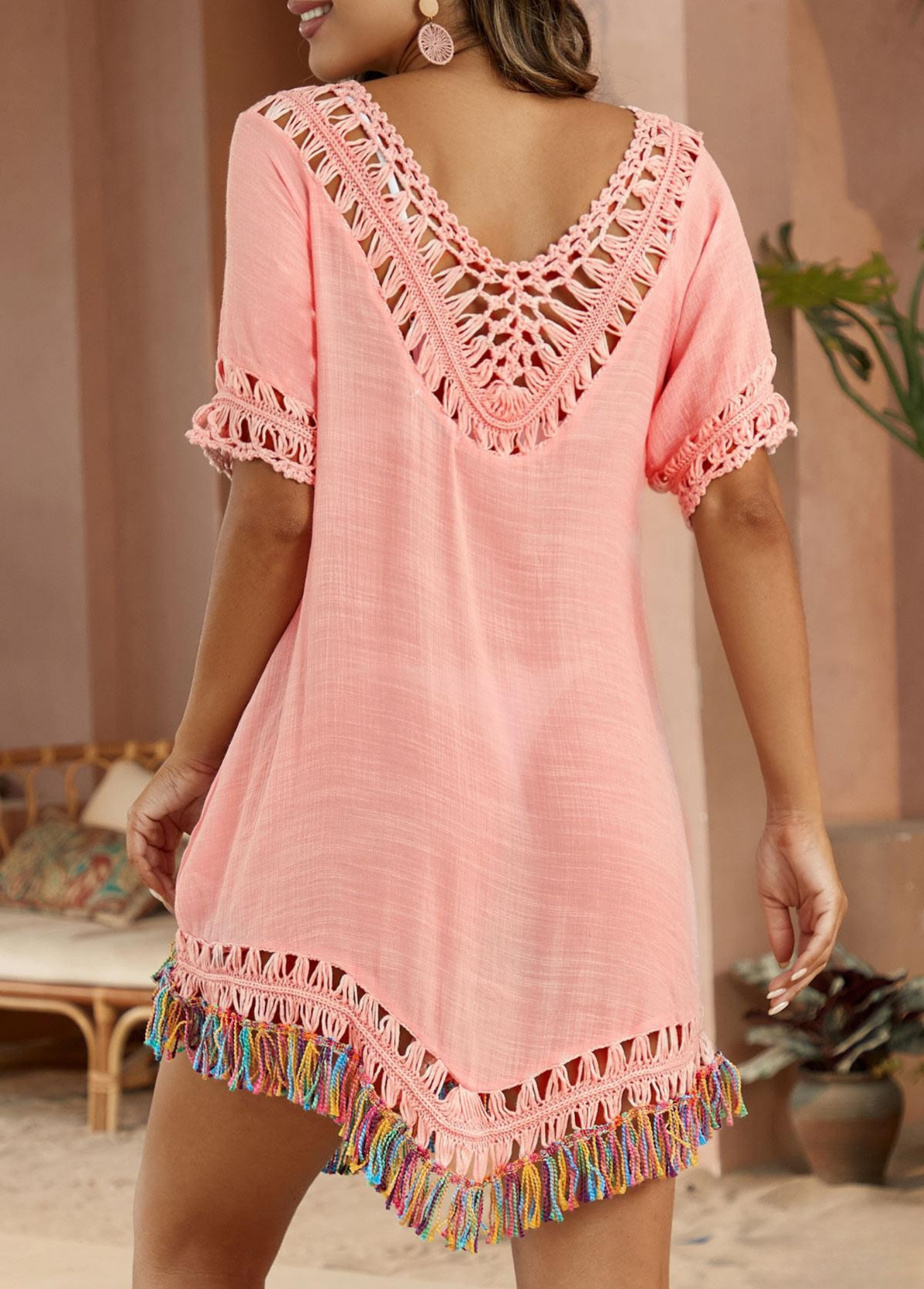 Patchwork V Neck Pink Cover Up - {{ Product_type }} BeachWear I Availabre at Belle Aqua Belle Aqua Beach Wear