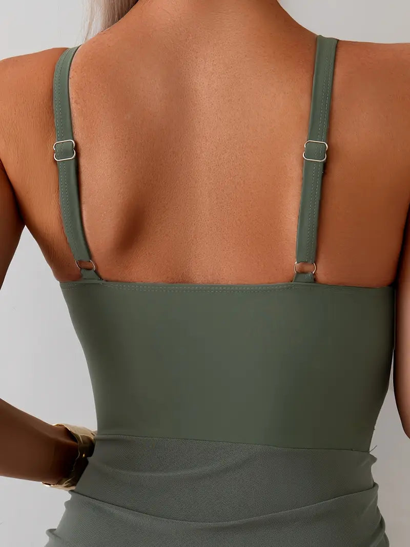 Olive Green Tankini with Sheer Panels