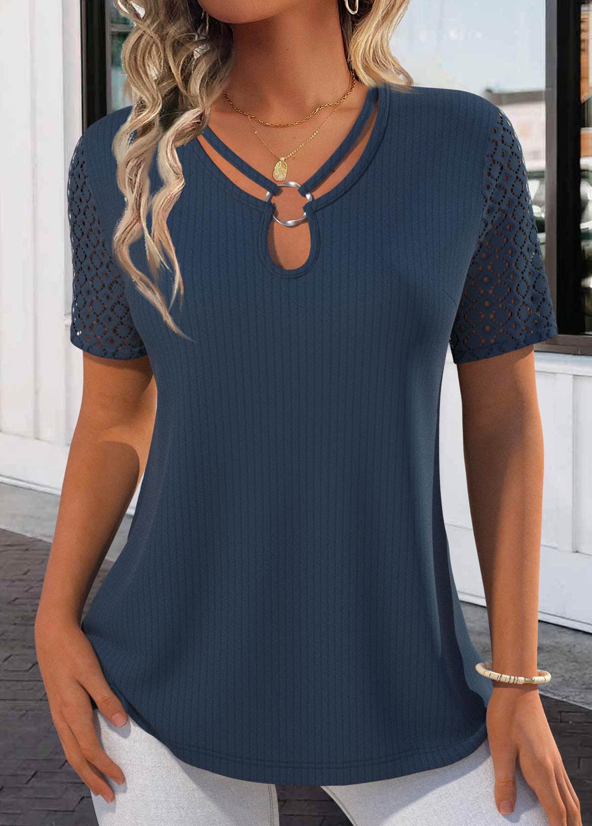 Navy blue lace t-shirt, with short sleeves and a round neck Blue Lace