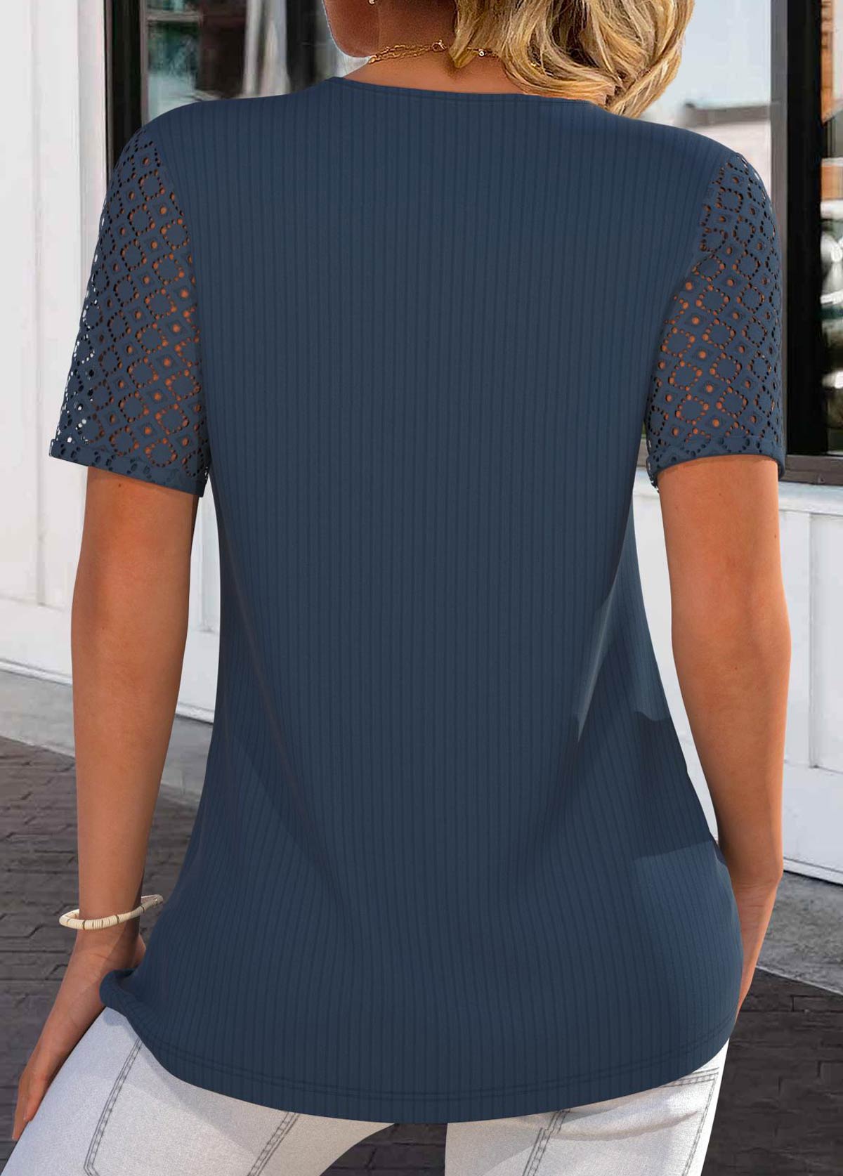 Navy blue lace t-shirt, with short sleeves and a round neck Blue Lace
