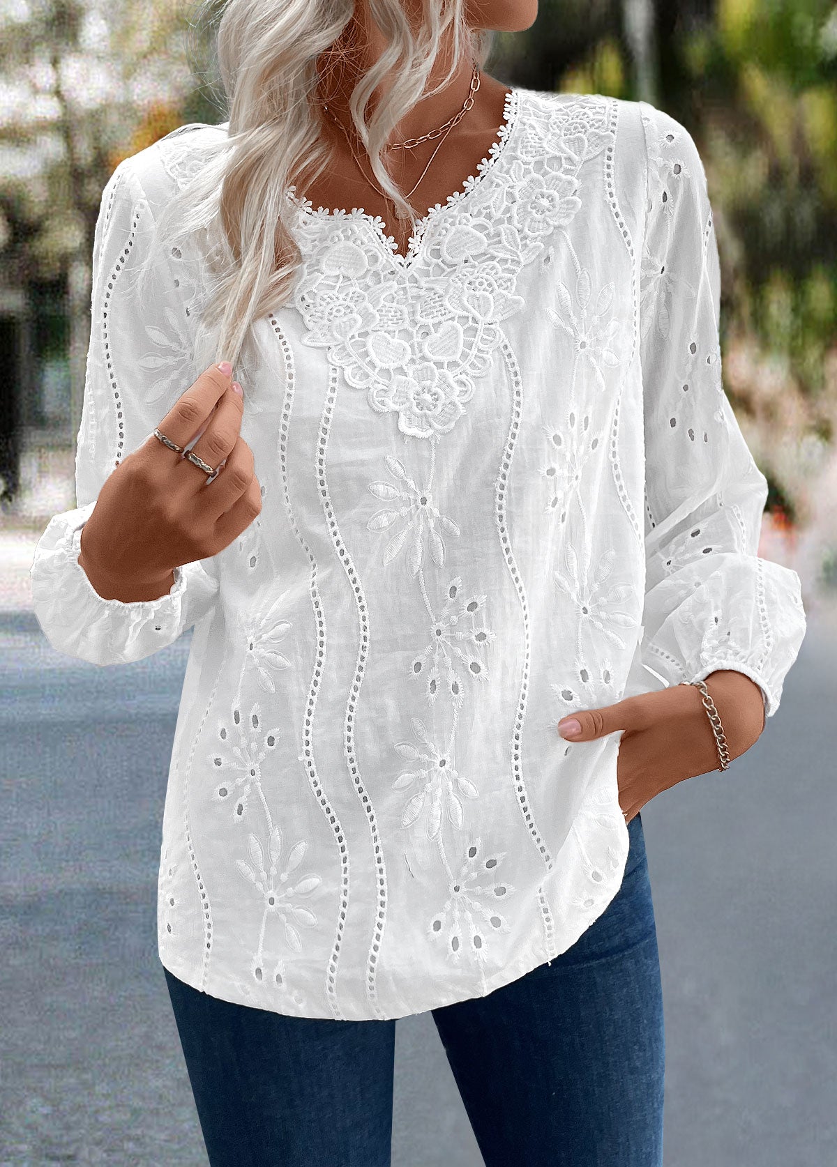 White long sleeve blouse with slit detail Elegance