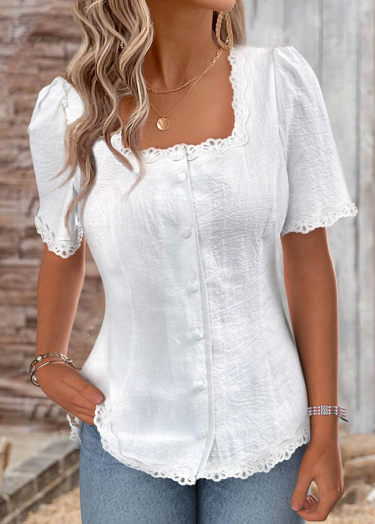 White Grace short sleeve white blouse with square neck