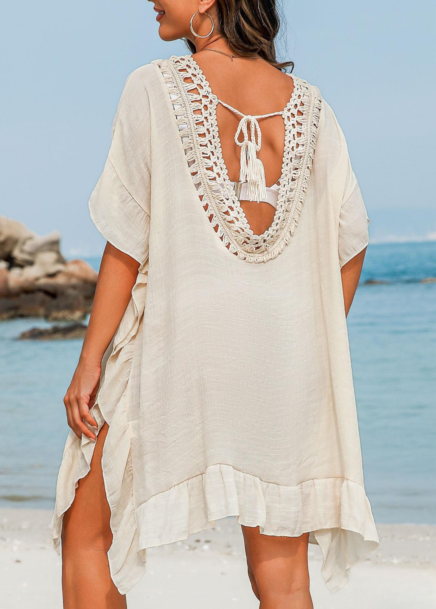 Tie Back Ruffle Patchwork Beige Cover Up - {{ Product_type }} BeachWear I Availabre at Belle Aqua Belle Aqua Beach Wear
