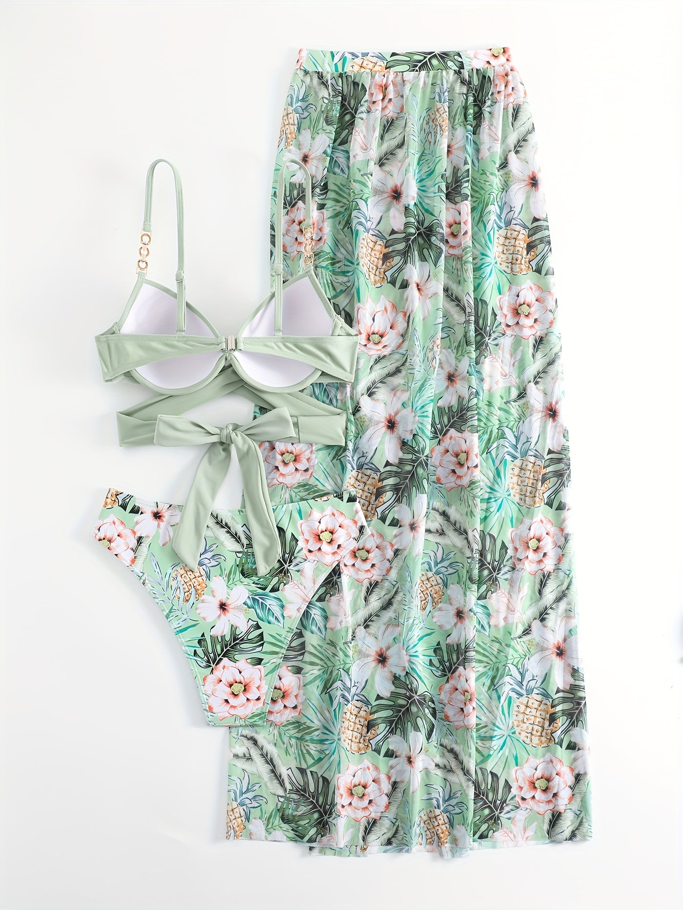 Green Floral Bikini Set with Cover-Up - {{ Product_type }} BeachWear I Availabre at Belle Aqua Belle Aqua Beach Wear