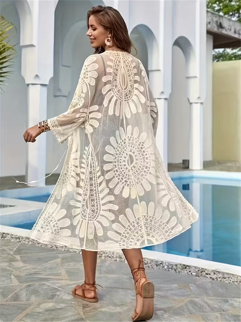 Women's long loose beach tunic with floral embroidery