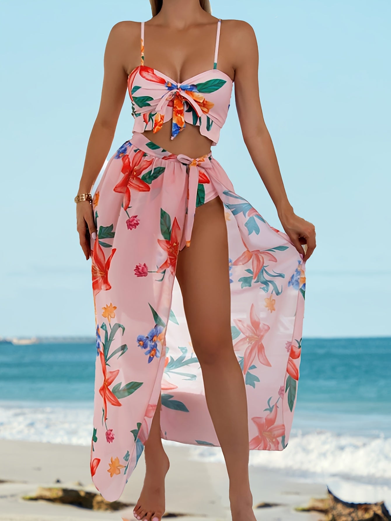 Pink Floral Bikini Set with Cover-Up - 3 Pieces - {{ Product_type }} BeachWear I Availabre at Belle Aqua Belle Aqua Beach Wear