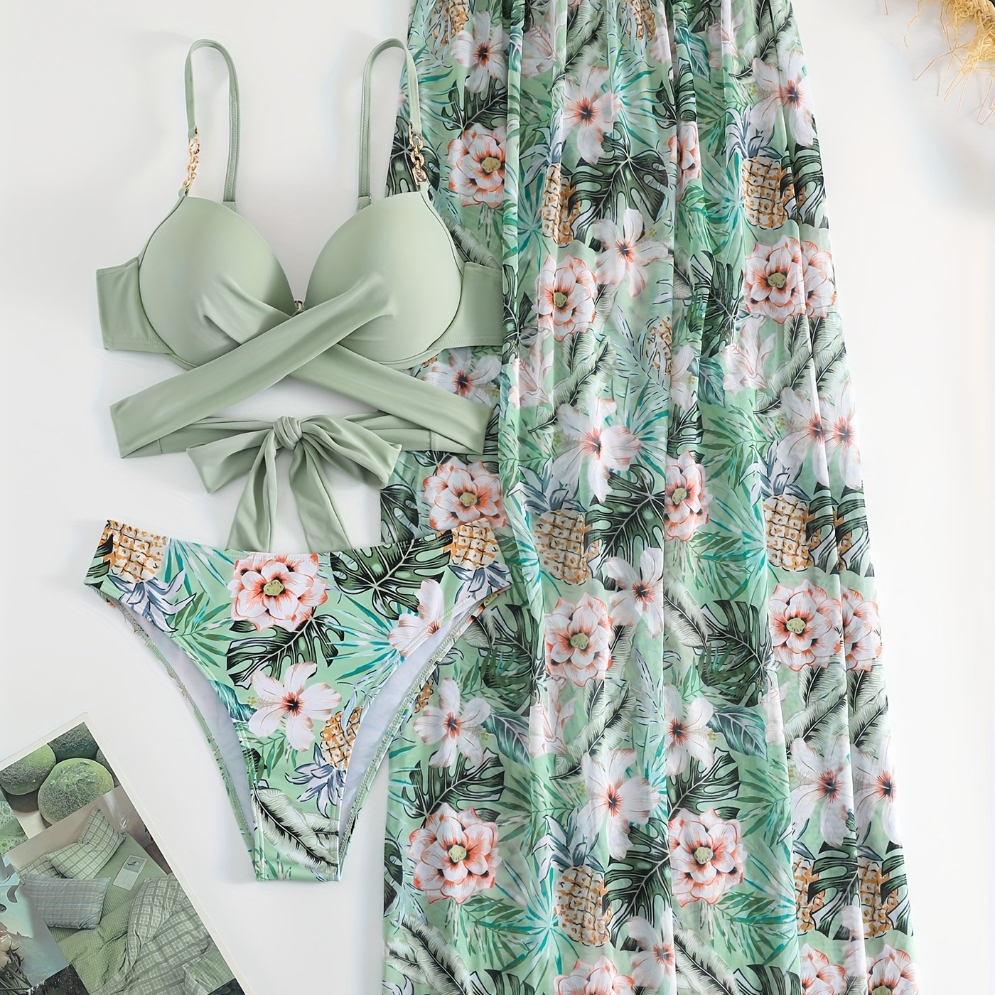 Green Floral Bikini Set with Cover-Up - {{ Product_type }} BeachWear I Availabre at Belle Aqua Belle Aqua Beach Wear