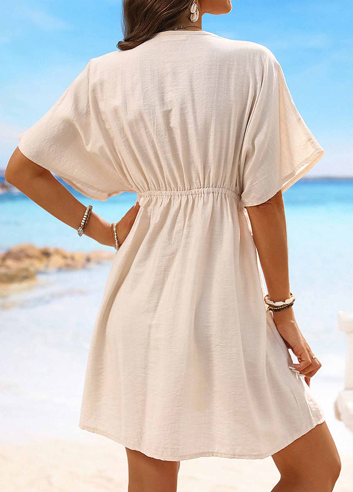 Embroidery Beige V Neck Patchwork Cover Up - {{ Product_type }} BeachWear I Availabre at Belle Aqua Belle Aqua Beach Wear