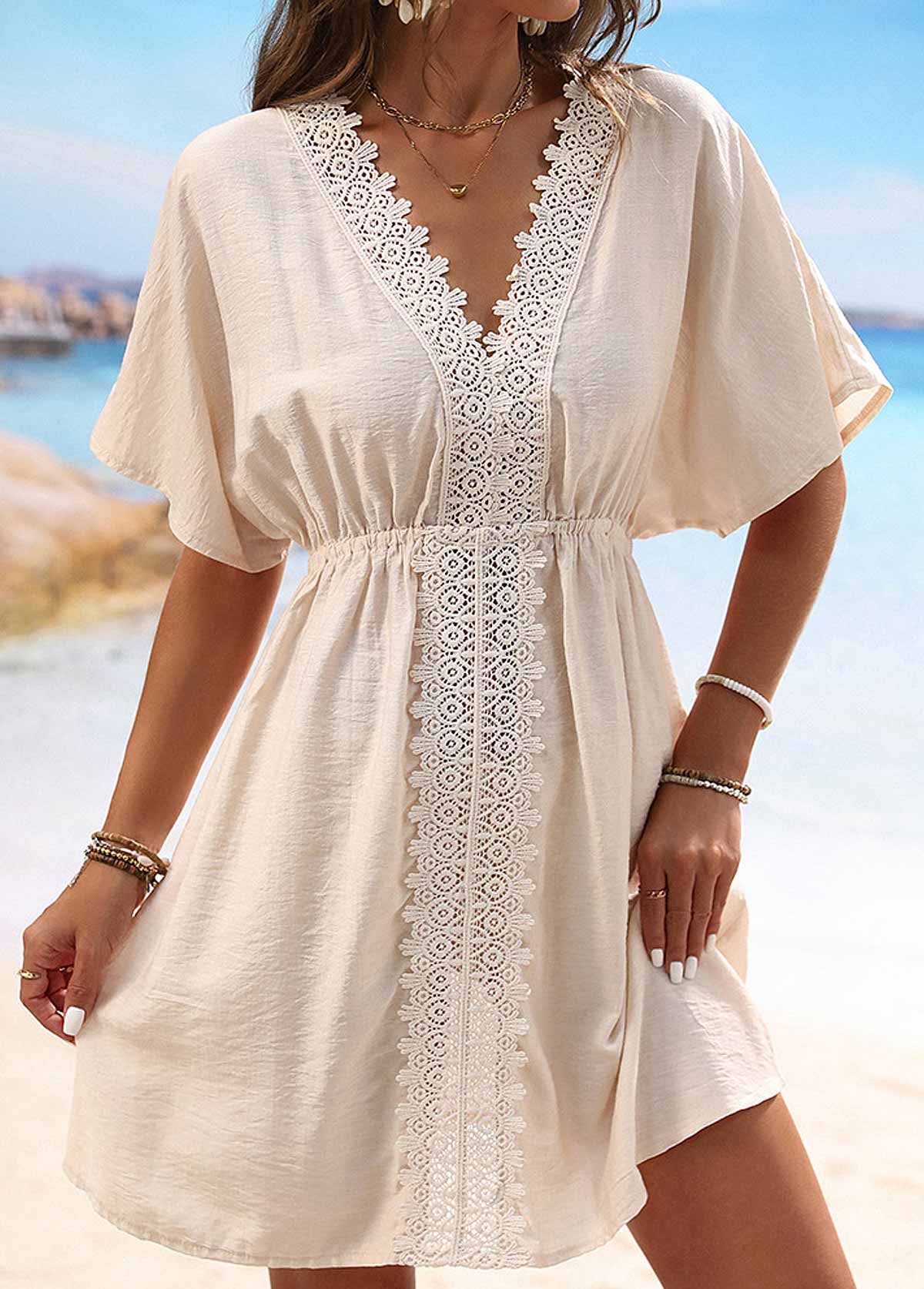 Embroidery Beige V Neck Patchwork Cover Up - {{ Product_type }} BeachWear I Availabre at Belle Aqua Belle Aqua Beach Wear