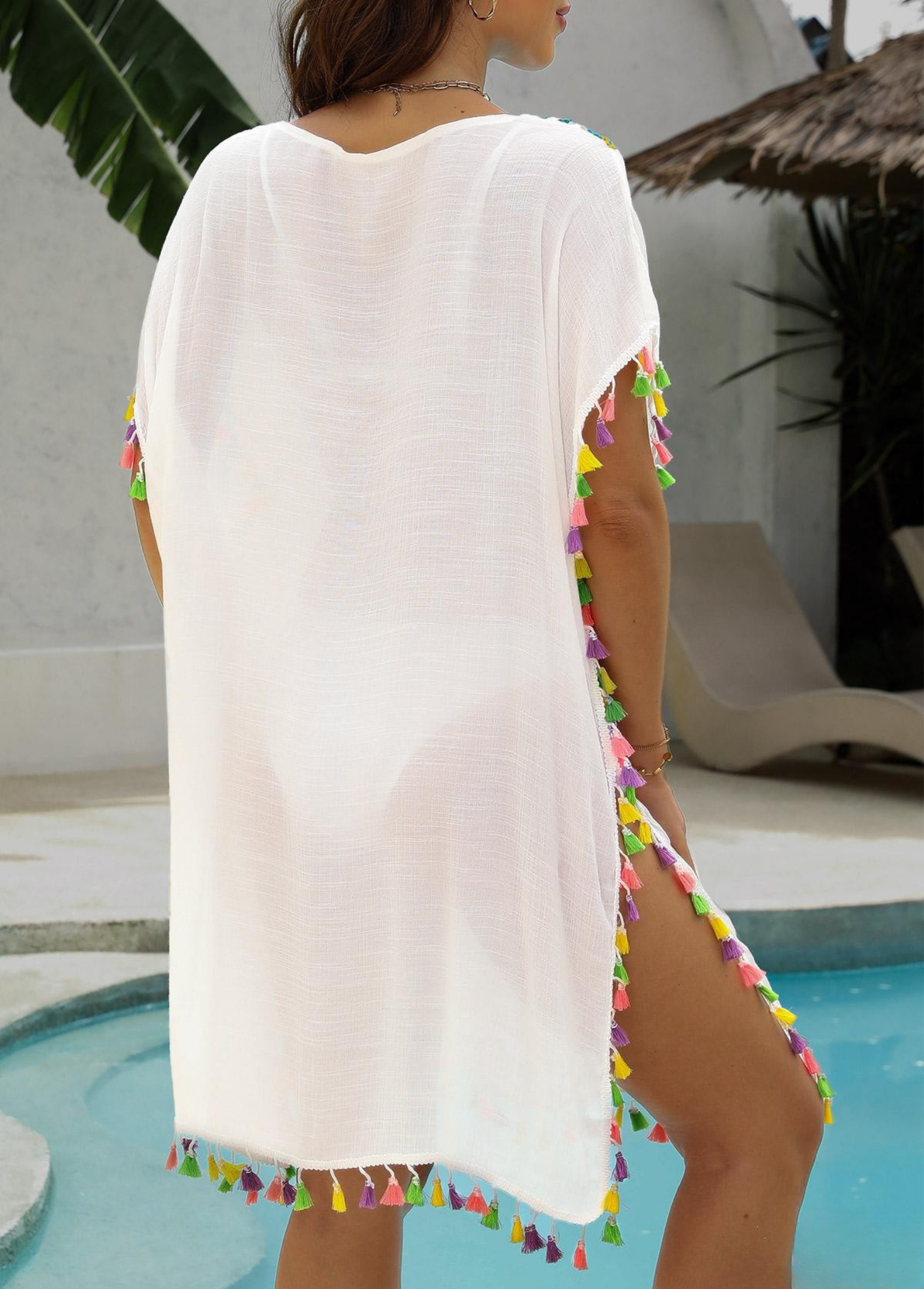 White Color Patchwork V Neck Cover Up - {{ Product_type }} BeachWear I Availabre at Belle Aqua Belle Aqua Beach Wear