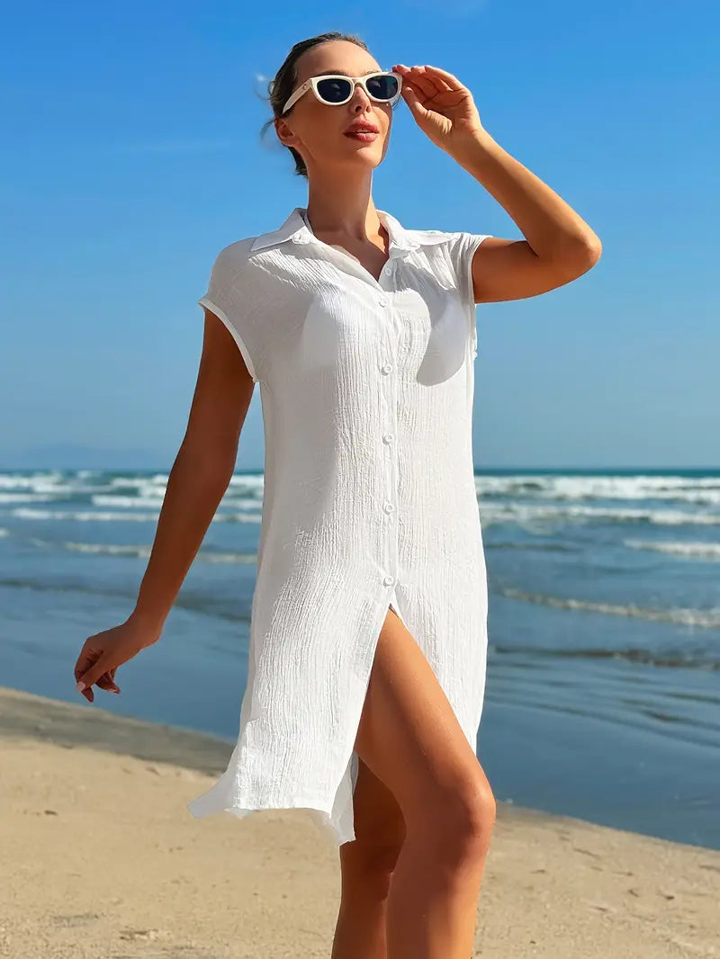 Square Neck Beach Cover-Up with Lightweight, Semi-Sheer Top