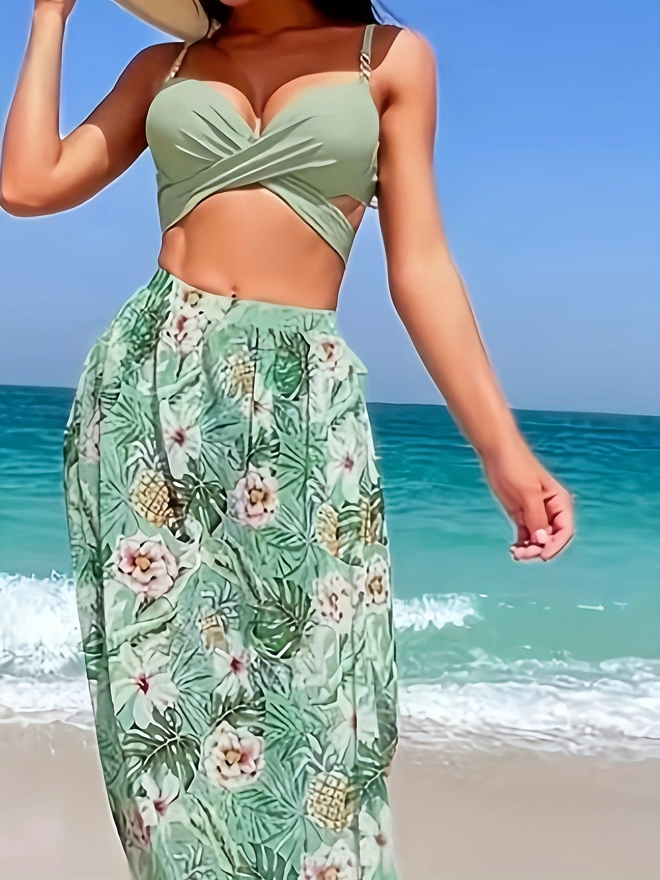 Green Floral Bikini Set with Cover-Up - {{ Product_type }} BeachWear I Availabre at Belle Aqua Belle Aqua Beach Wear