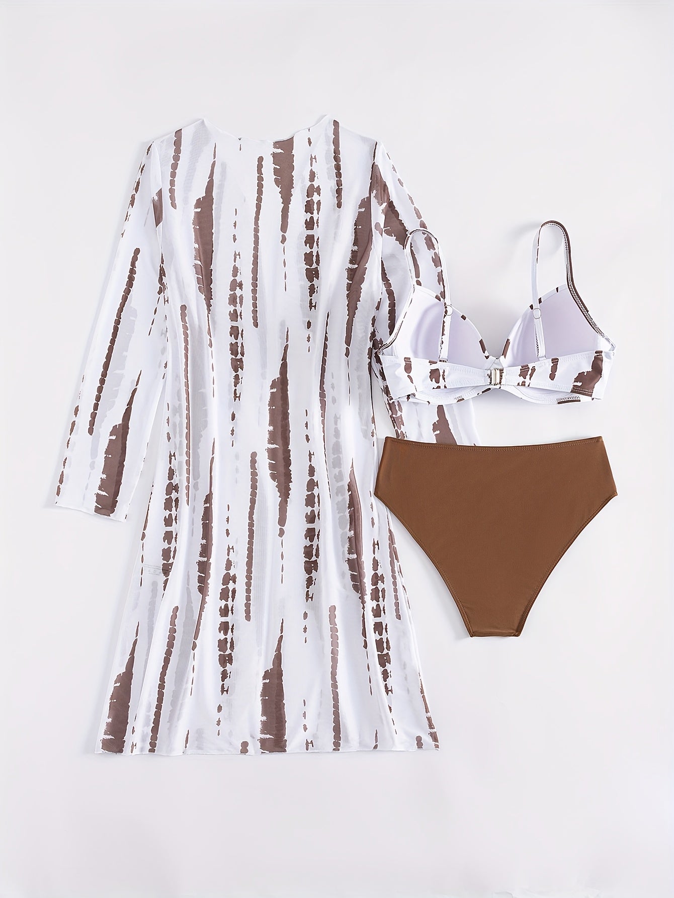 Three piece crossover bikini set with brown long sleeve cardigan - {{ Product_type }} BeachWear I Availabre at Belle Aqua Belle Aqua Beach Wear