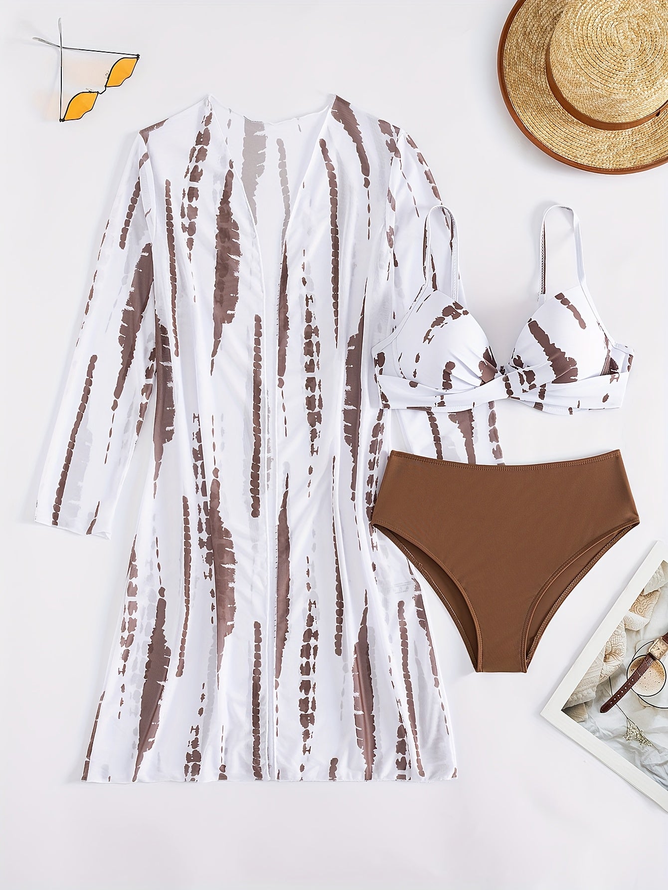 Three piece crossover bikini set with brown long sleeve cardigan - {{ Product_type }} BeachWear I Availabre at Belle Aqua Belle Aqua Beach Wear
