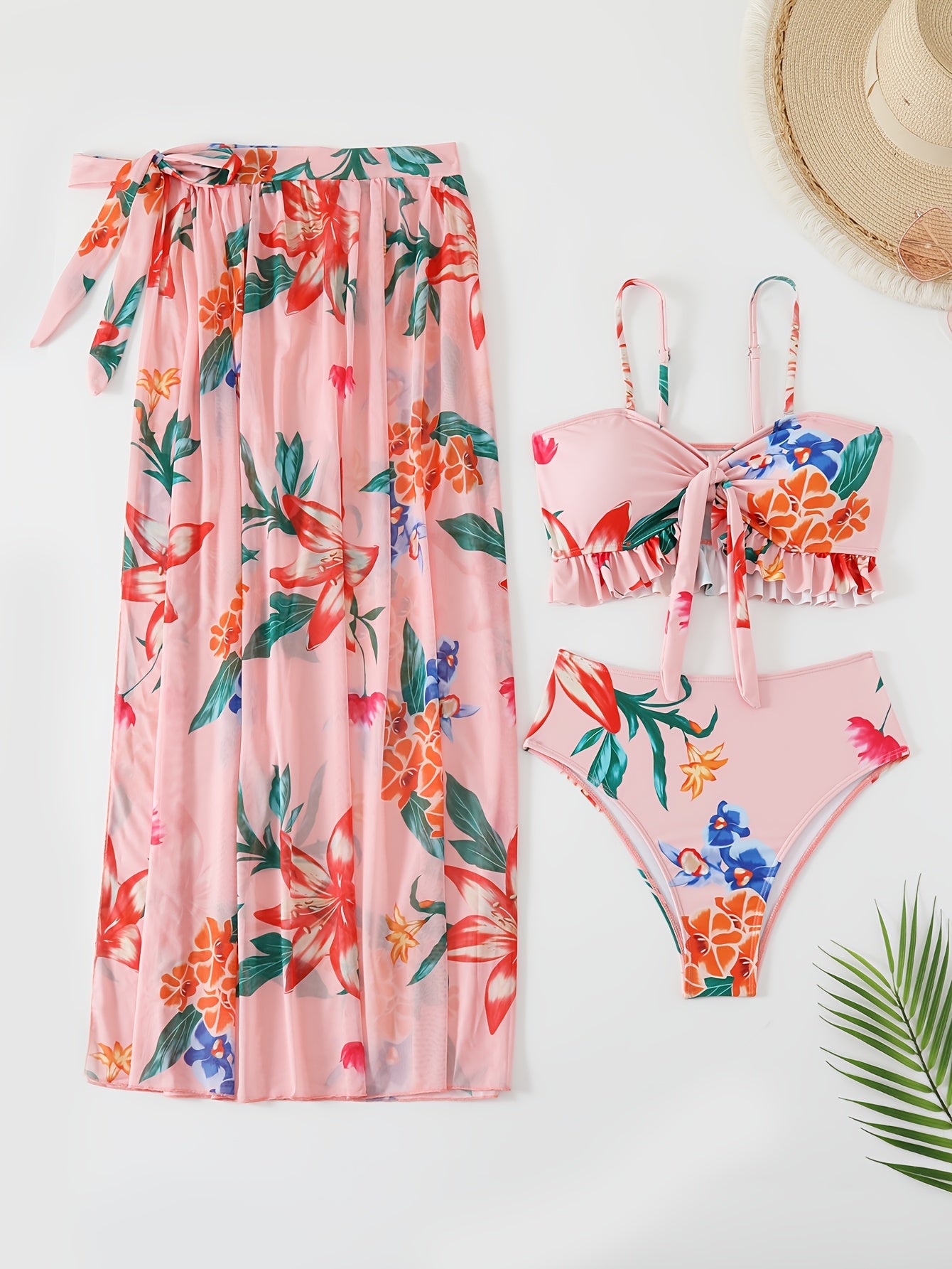 Pink Floral Bikini Set with Cover-Up - 3 Pieces - {{ Product_type }} BeachWear I Availabre at Belle Aqua Belle Aqua Beach Wear