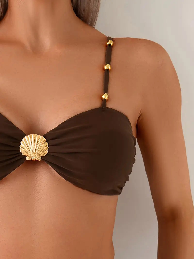 Elegant Brown Bikini with Shell Details