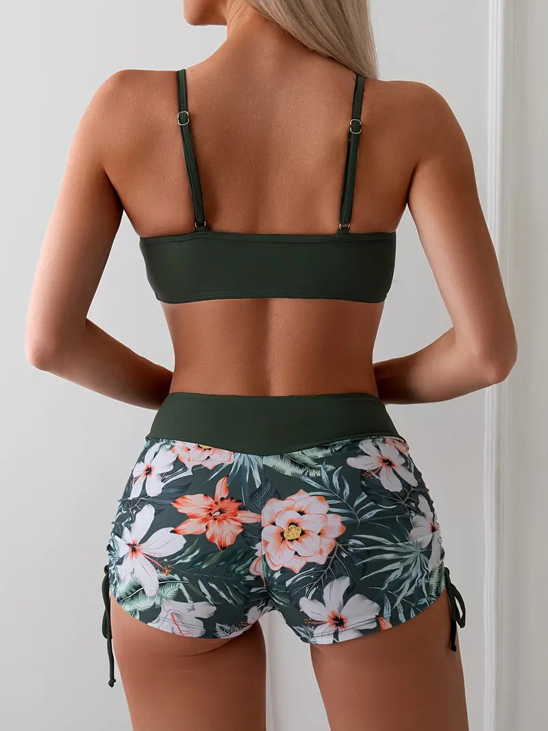 Tropical Print High Waist Bikini with Drawstring