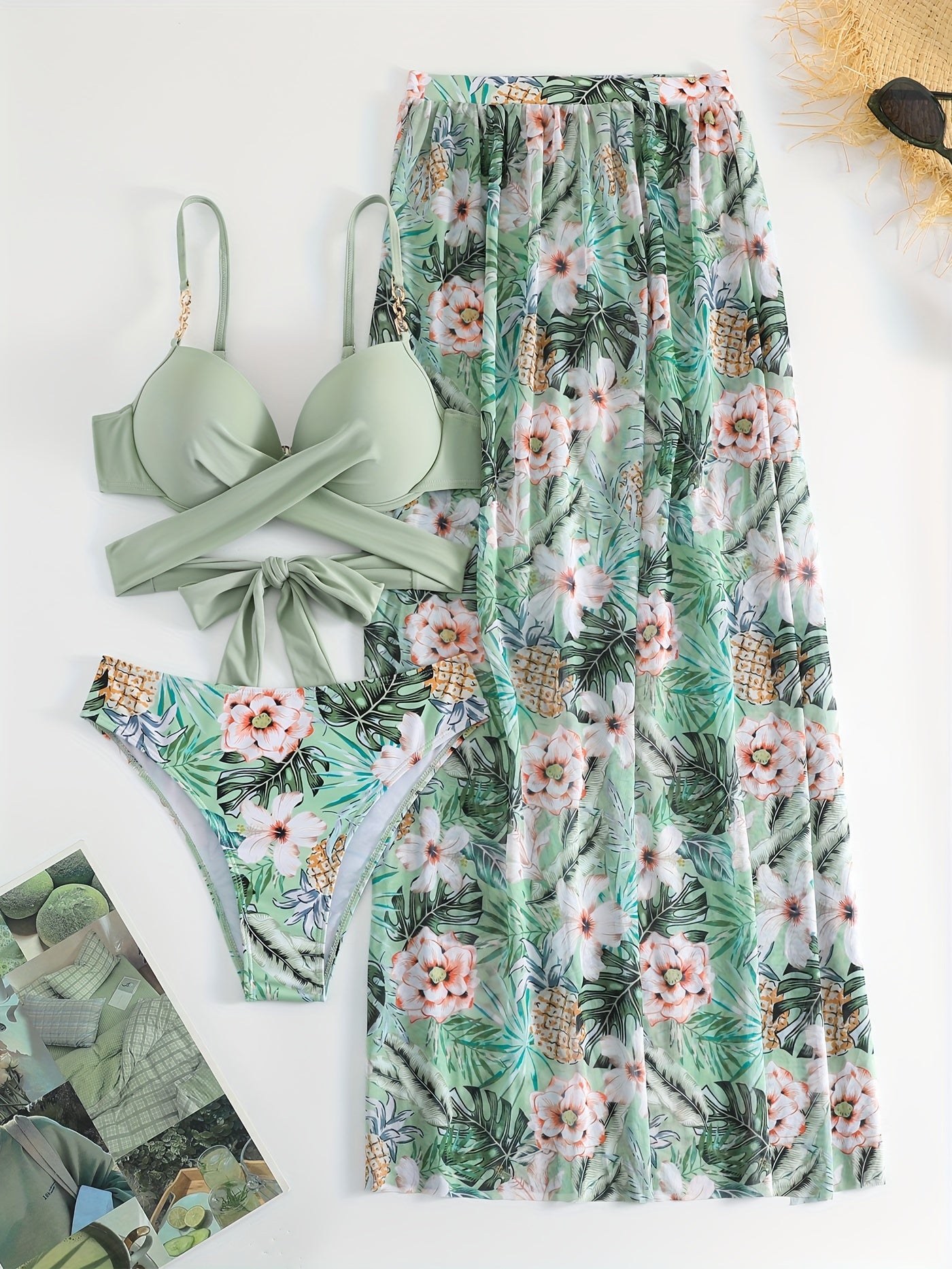 Green Floral Bikini Set with Cover-Up - {{ Product_type }} BeachWear I Availabre at Belle Aqua Belle Aqua Beach Wear